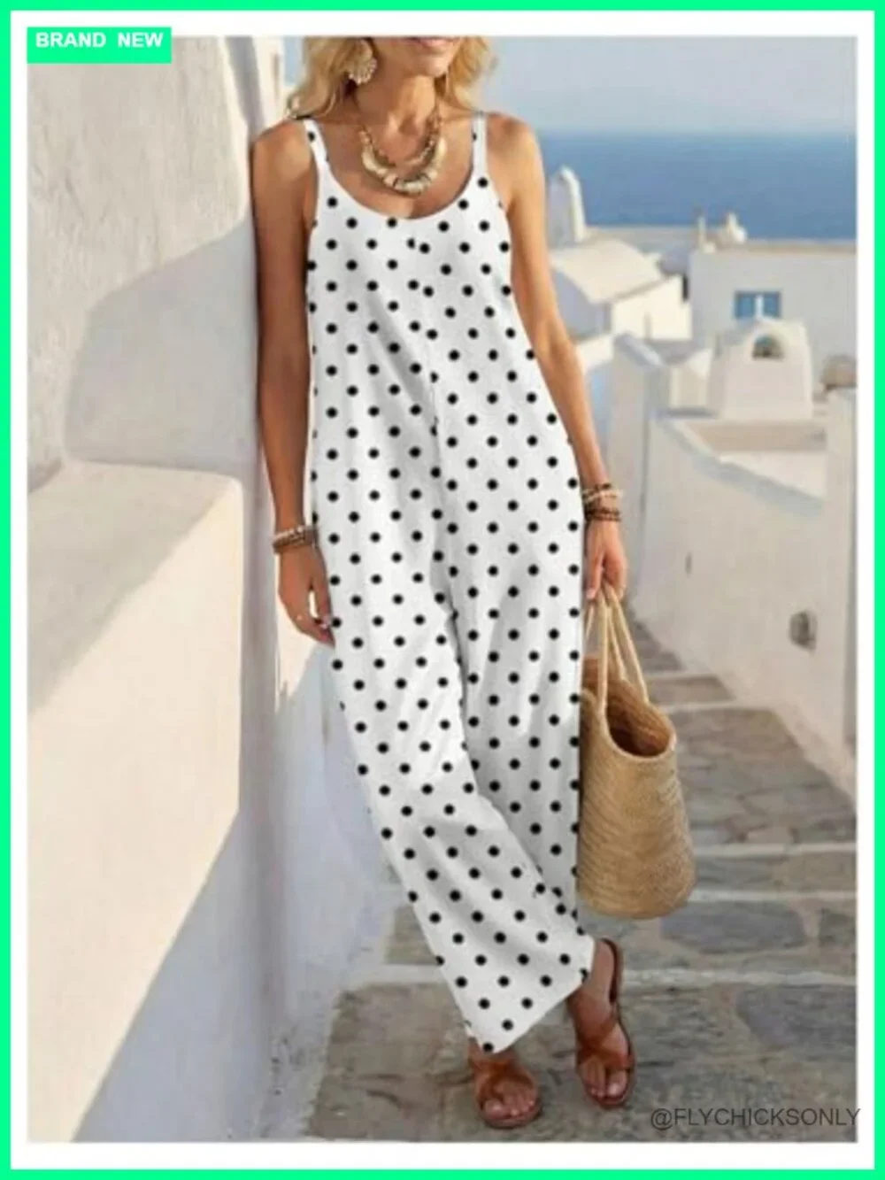 Polka Dot Sleeveless Wide Leg Jumpsuit with Pockets